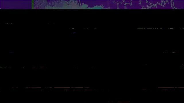 Digital distortion. System damage. Signal error with real glitch purple green line noise on black.
