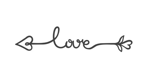Cupids arrow with love text, tip in shape of heart line icon. Outline retro separator with calligraphic handwritten word, decorative element. Valentines Day mascot, arrow icon vector illustration