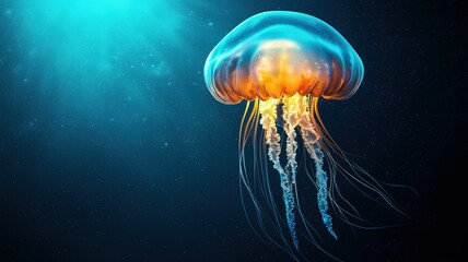Fototapeta premium A mesmerizing image of a glowing jellyfish floating in deep, dark ocean waters captured in vibrant and crisp detail.