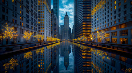 A big city decorated with millions of bright lights on every street corner. Skyscrapers decorated with lights. Reflections on water add to the beauty of the festival at night.