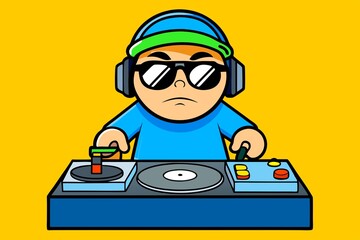 Fototapeta premium Serious cool guy DJ in a baseball cap and sunglasses rules the dance floor