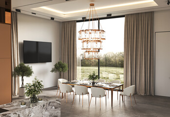 Modern dining room featuring an elegant chandelier and a scenic view of the outdoors, 3d rendering