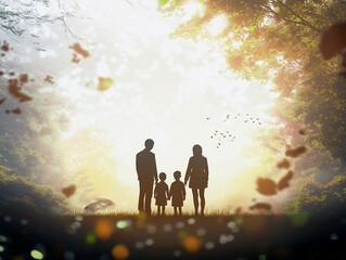 Family walking among trees at sunset