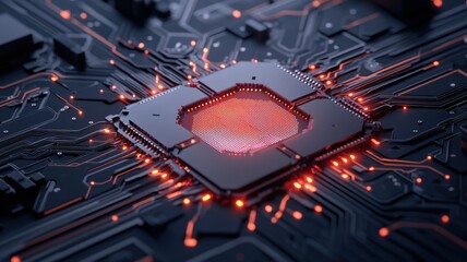 Close-up of a glowing microchip on a circuit board, showcasing advanced technology and intricate electronic components.