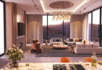 Discover the beauty of a modern elegant living room featuring amazing scenic views all around, 3d rendering