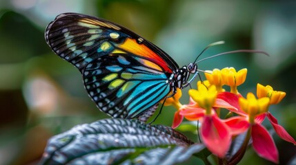 Close-up of a colorful butterfly perched on a vibrant flower