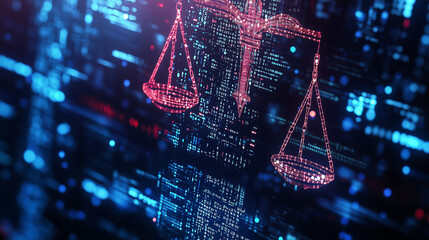 AI-driven legal systems designed for predicting case outcomes with advanced algorithms and real-time data analysis. The futuristic interface highlights legal innovation, transforming the accuracy and 