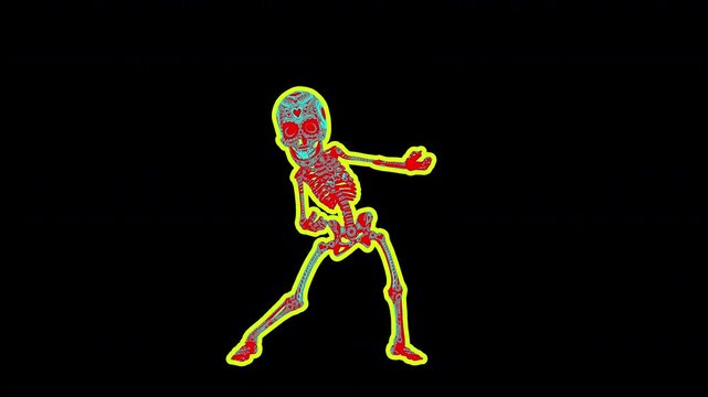 Seamless animation of a dancing skeleton with cartoon effect. Funny Halloween background isolated with alpha channel