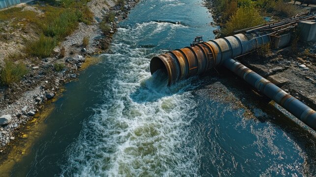 Illustration Dirty water flowing out of an old rusty pipe. Ai generated image
