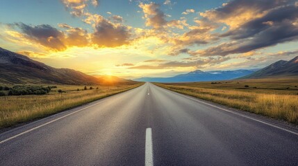 Naklejka premium Close up view of asphalt road and mountains with sunset view. Ai generated image