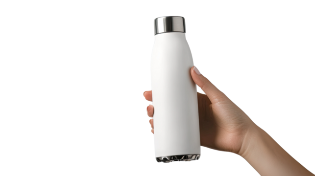 A hand holding a water bottle against a white background