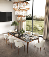 Elegant and stylish modern dining room with stunning scenic views and cozy ambiance, 3d rendering