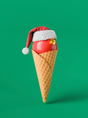 Red christmas bauble wearing santa hat inside ice cream cone on green background