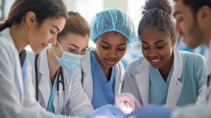 A group of diverse medical students learning surgical techniques in a classroom