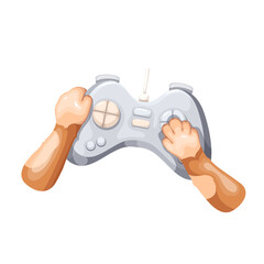 Cats cartoon paws holding gamepad to play online video game. Funny pet gamer pushing button of device. Race game, entertainment mascot, cartoon animal playing with controller vector illustration