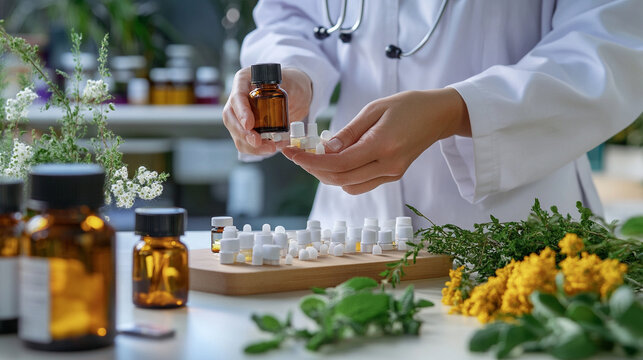 A homeopathic doctor prescribing natural remedies in a wellness clinic