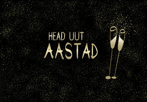 Golden text happy new year in Estonian on black background.
