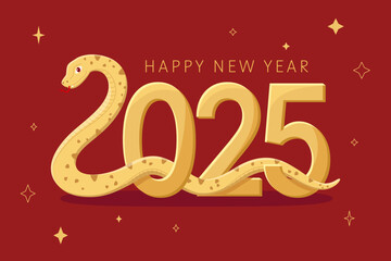 Happy new year 2025. Chinese New Year. Year of the snake vector illustration. Gold snake on red background, symbol of the year. Lunar new year of the snake. Design of background, card, calendar