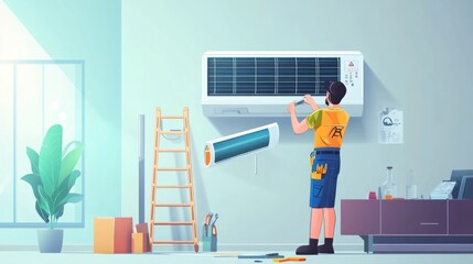 Naklejka premium A handyman conducting air conditioner installation in a living room, with tools neatly arranged and a ladder positioned for easy access to the system