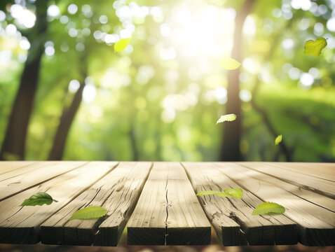 wooden table with a blurred green forest background