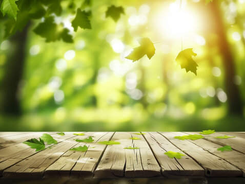 wooden table with a blurred green forest background