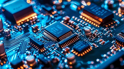 Obraz premium Close-up of a vibrant microchip circuit board with glowing components.
