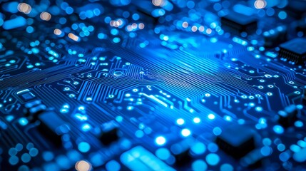 Obraz premium Close-up of a blue printed circuit board with intricate details and glowing lights.