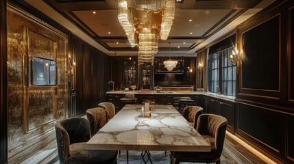 A high-end dining room renovation, with luxurious materials like velvet, polished wood, and custom lighting fixtures being installed for an elegant finish