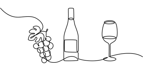 Bottle of wine with wineglass and grape bunch in continuous line art drawing style. Wine list. Minimalist black linear sketch isolated on white background. Vector illustration, continuous line drawing