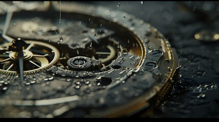 Intricate dismantled mechanical watch with detailed gears and springs on dark background, symbolizing precision and complexity in teardown analysis.