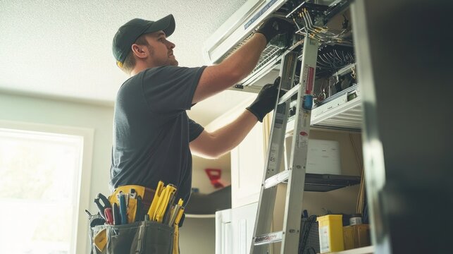 A home improvement expert performing electrical and air conditioner repairs in a home, using a ladder and toolbox to access and fix various systems for the homeowner comfort