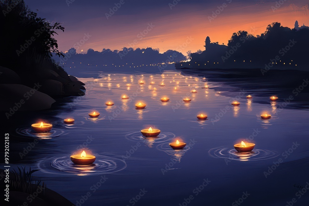 Wall mural burning religious indian candles floating on sacred river, happy diwali festival