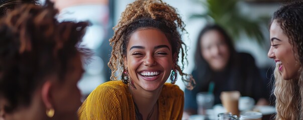 Group of friends laughing and enjoying a lively conversation in a cozy cafe setting