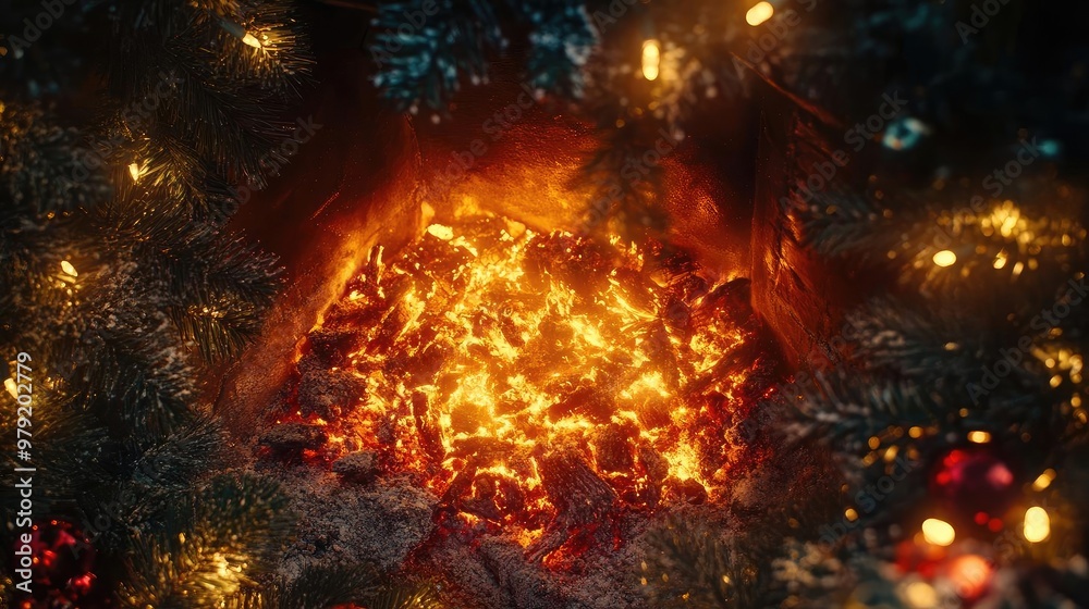 Poster close-up of glowing embers in a cozy fireplace, surrounded by festive lights, creating a warm and in