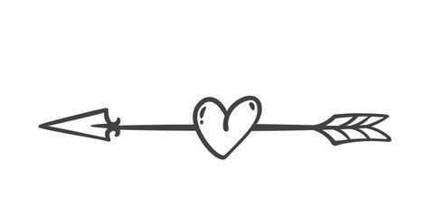 Cupids arrow with heart line icon. Outline retro romantic symbol of love and passion, hand drawn vintage divider for letter. Valentines Day mascot, arrow through heart icon vector illustration