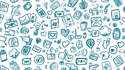 A vibrant pattern of hand-drawn communication icons in teal tones.