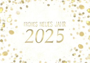 Golden text happy new year 2025 in german on white background.
