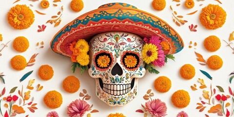 A traditional Dia de los Muertos skull design with intricate marigold patterns, vibrant floral decor, and a colorful sombrero