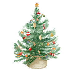 Watercolor illustration with decorative Christmas tree on white background, hand-drawn