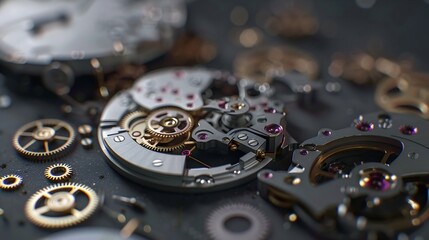 Intricate dismantled mechanical watch with detailed gears and springs on dark background, symbolizing precision and complexity in teardown analysis.