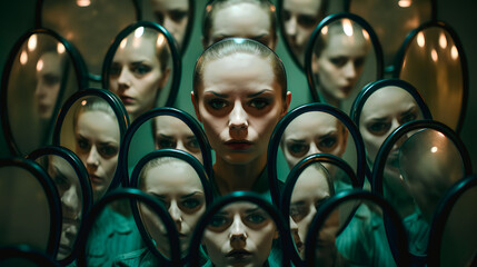 Obraz premium Visage de femme se reflétant dans des miroirs