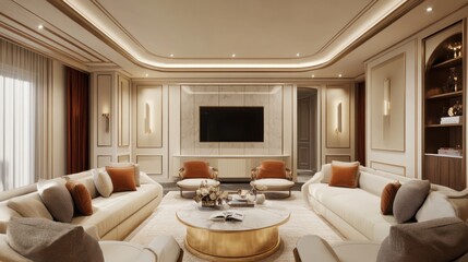 A luxury living room being renovated, with custom wall paneling, high-end finishes, and elegant furniture being installed to create a sophisticated space