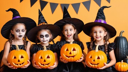 Four young girls in witch costumes holding pumpkins for Halloween fun