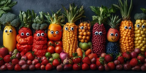 A lively city where fresh produce walks around with unique expressions and animated traits