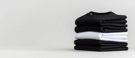 Folded stack of black and white tshirts arranged in alternating layers The crisp