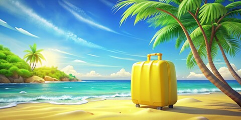Fototapeta premium Yellow travel suitcase on the beach with palms