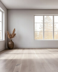 Fototapeta premium Spacious, Minimalist interior with large windows, natural light, and decorative vase in a tranquil setting