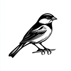 Obraz premium A black and white illustration of a sparrow perched on a branch.