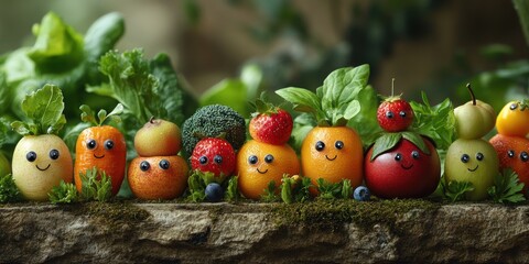 A lively city where vegetables and fruits are full of life with expressive eyes and unique traits