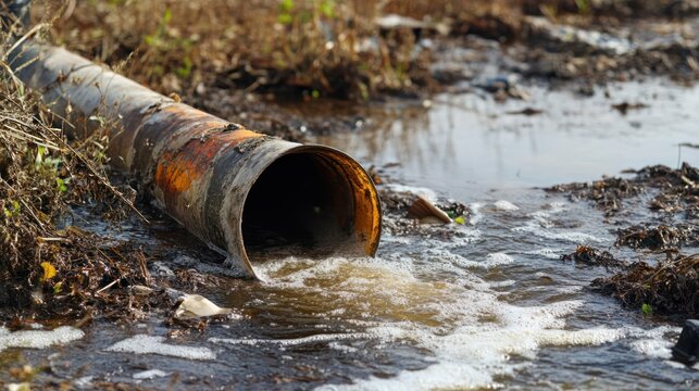 Illustration Dirty water flowing out of an old rusty pipe. Ai generated image
